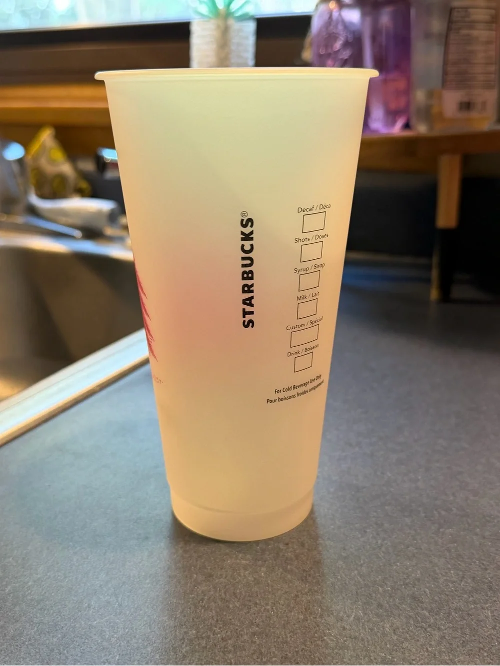 Festive Tree Printed Plastic Starbucks Tumbler - Pink Trees on Frosted White